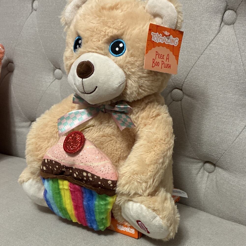 Peek A Boo Plush Bear Stuffed Animal with Cupcake & Bow Tie